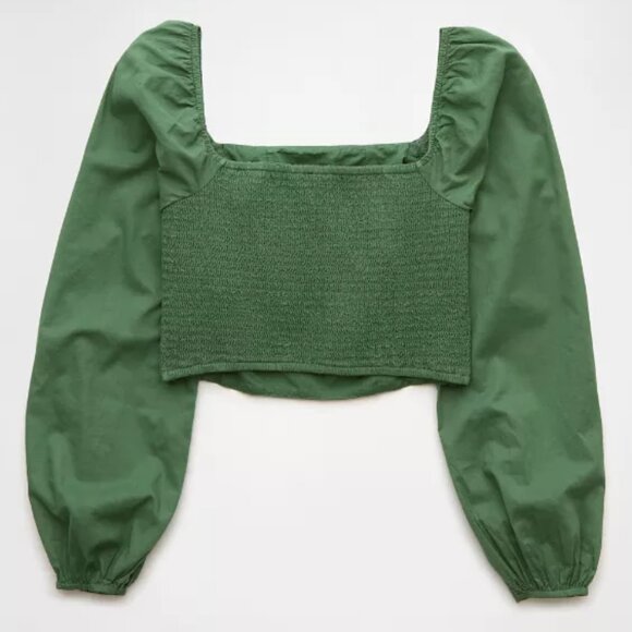 NWOT American Eagle AE Cropped Corset Balloon Sleeve Top Smocked Back Green sz L - Picture 4 of 15